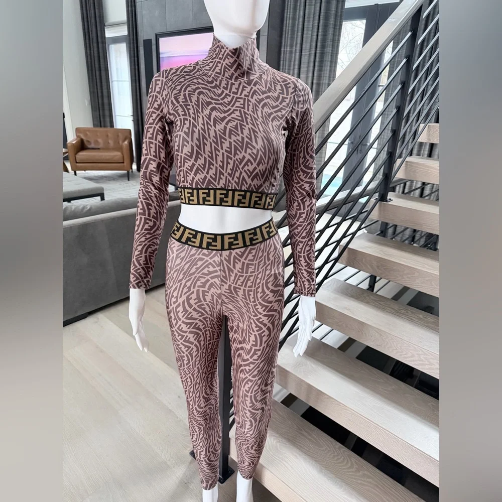 Fendi Geometric Matching Leggings Set - Brown and Black size XS/S - Picture 1 of 16